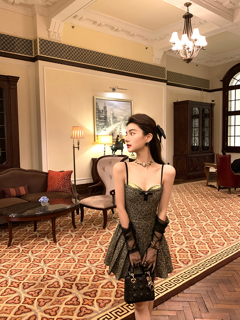 YEXIAOTING叶小婷 檀香茉莉 深绿纹理吊带裙蝴蝶结无袖连衣裙气质