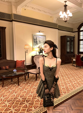 YEXIAOTING叶小婷 檀香茉莉 深绿纹理吊带裙蝴蝶结无袖连衣裙气质