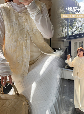 国风鸵鸟毛边夹棉外套2025冬新款新中式百搭外穿无袖马甲433911