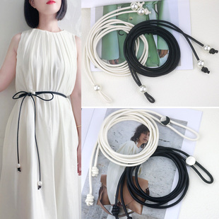 打结珍珠细腰绳百搭配裙子衬衫腰带女款可调节花朵配饰超长束腰绳