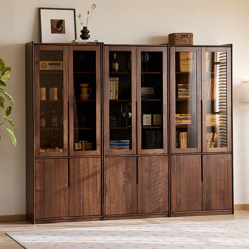 yamoo北美黑胡桃木书柜北欧全实木玻璃展示柜家用书房靠墙储物柜,住宅家具,单个书柜,淘宝优惠券,粉丝福利购,淘宝优惠卷