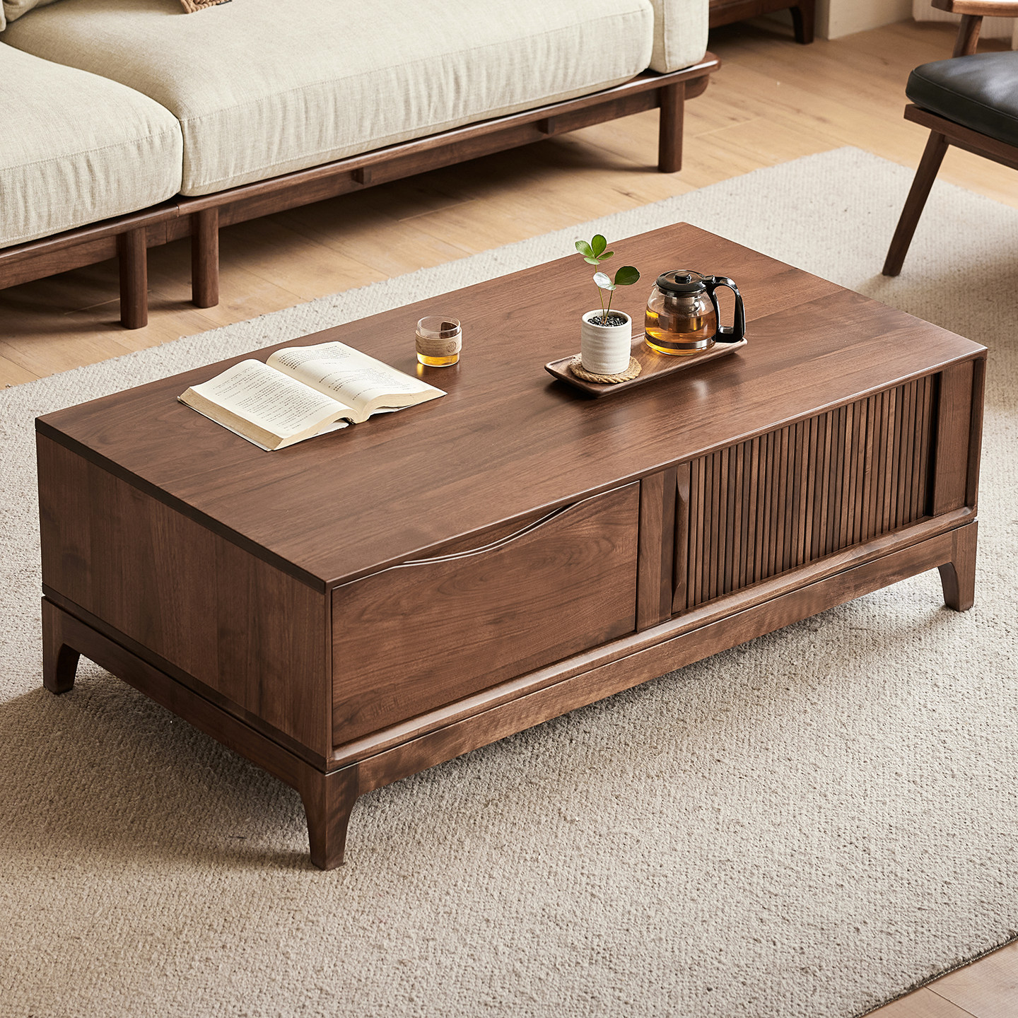 yamoo北美黑胡桃木实木茶几2026新款现代简约客厅储物长方形茶台