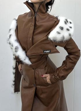 独家版型mss studio原创设计不对称可拆卸毛毛高领保暖皮外套