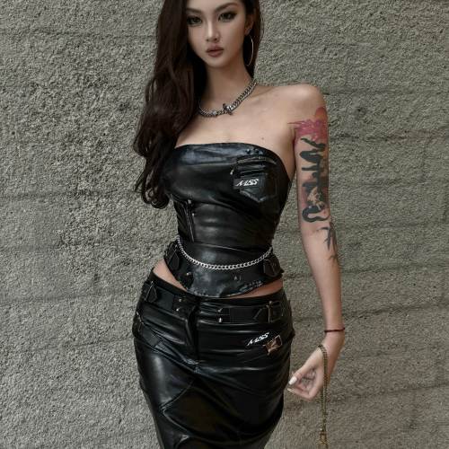 暗黑朋克亮面金属收腰抹胸半裙套