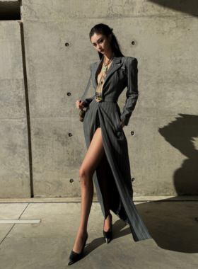 帅气秋冬mss studio原创设计垫肩条纹女帝ol风高开衩长外套