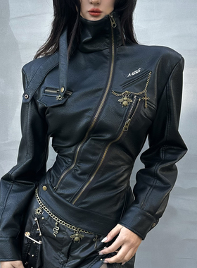 独特版型设计感mss studio原创设计斜裁复古金属宽肩显瘦机车外套