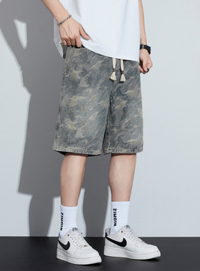 迷彩牛仔短裤男松紧腰宽松夏季薄款柔软舒适五分裤2025新款中裤子