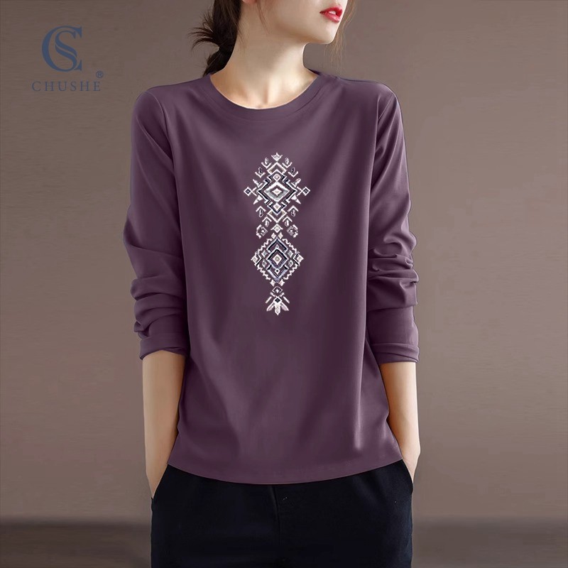 2025新款印花长袖t恤女士春秋装宽松大码遮肉遮肚子正肩上衣打底