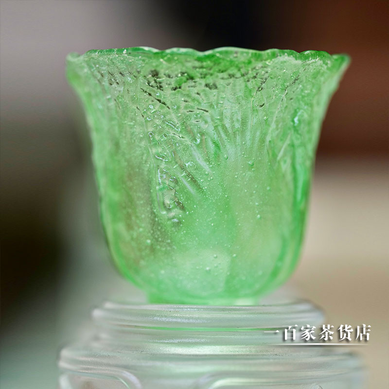 绿色茶杯品茗闻香琉璃百财白菜杯图片