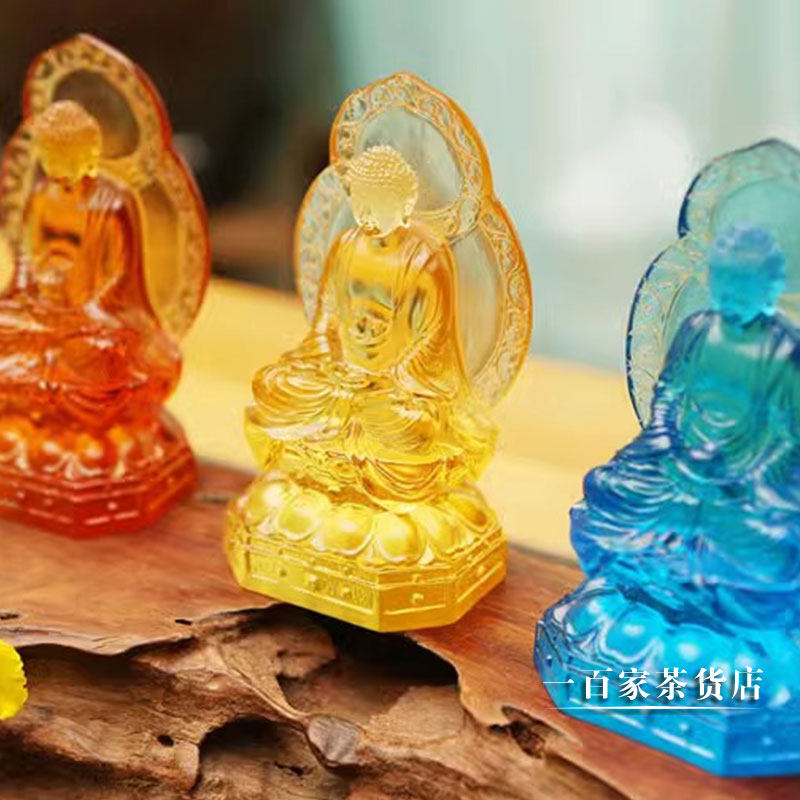 梁明毓琉璃作品|佛像 横三世佛 蓝 金珀 琥珀色