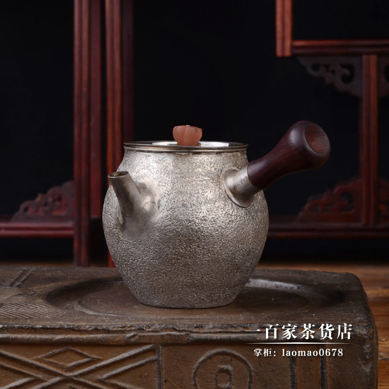 纯银侧把泡茶壶古朴雅致日式木手柄锤纹纯手工一张打银茶壶茶具