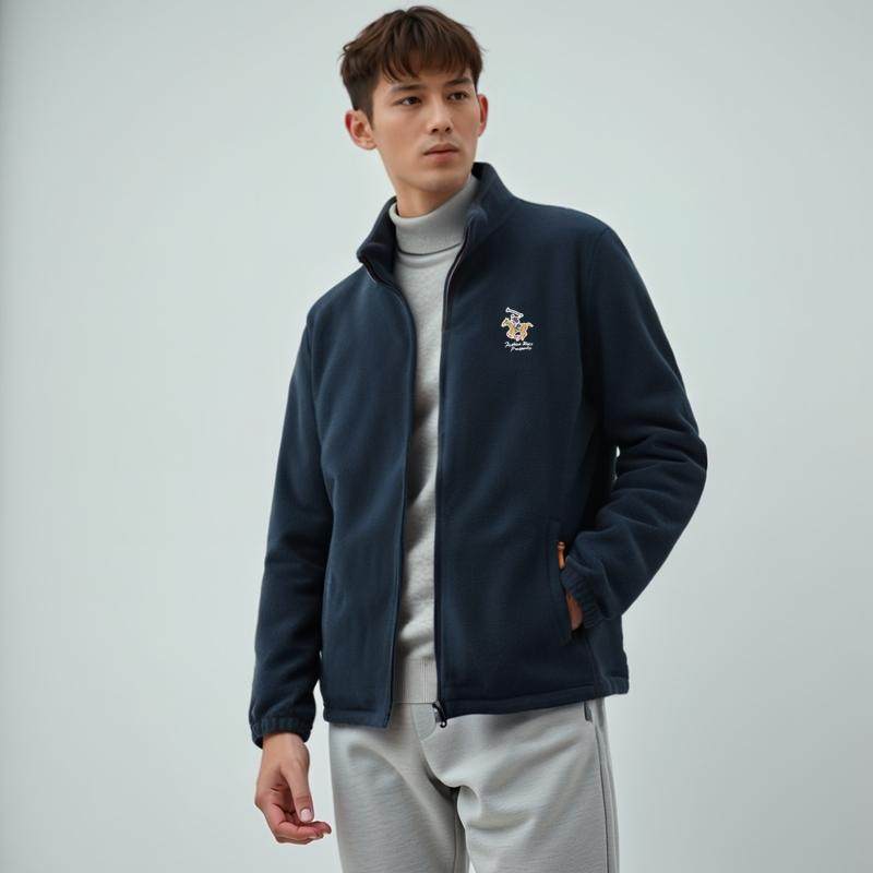 保罗刺绣小马标摇粒绒开衫内胆秋冬季新款男士简约立领抓绒衣外套