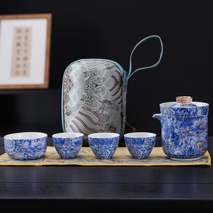 快客杯一壶四杯户外车载便携包 唐卡悬停旋转泡茶碗旅行茶具便携式