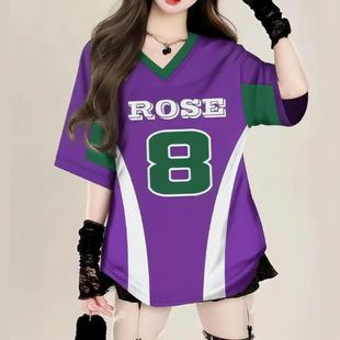 美式 T恤宽松球衣上衣男女速干透气 复古运动风数字8号撞色V领短袖