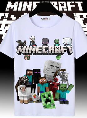我的世界联名周边短袖t恤男女童纯棉dream动漫游戏MC短裤儿童衣服
