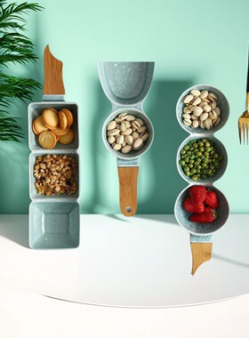 HS520北欧创意家用分格带木柄陶瓷碗ins商水果碗筷沙拉碗