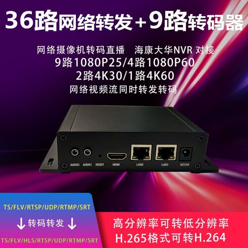 全新9路网络转码器36转发rtsp转RTMP网络摄像机IPC转网络直播4K60