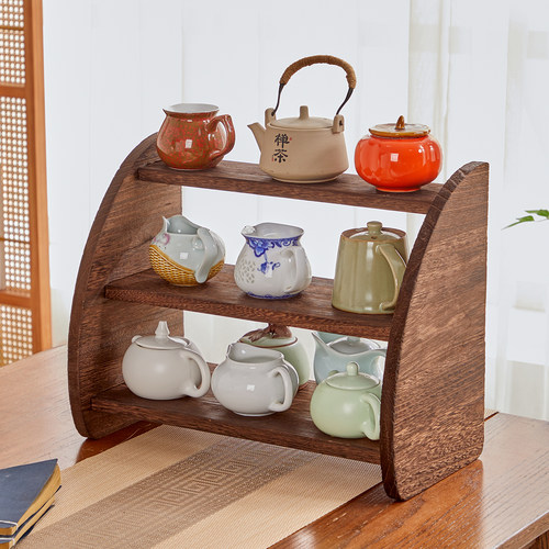 实木桌面多层茶具收纳展示架
