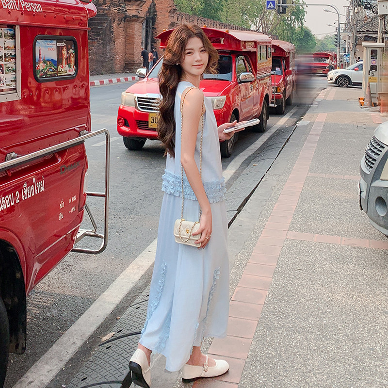 浅蓝色木耳边气质套装裙女2025夏新款韩系温柔风背心半身裙两件套,女装套装/套裙,2C268