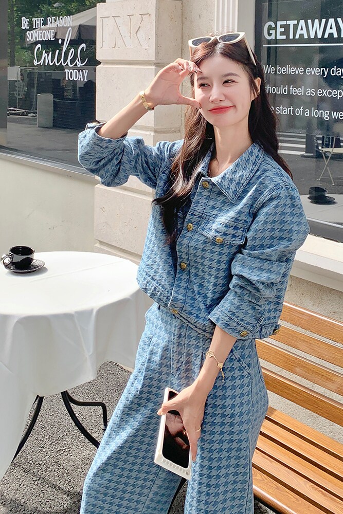 时尚小香风千鸟格牛仔套装女两件套A9027P175K248,女装套装/套裙,2C268