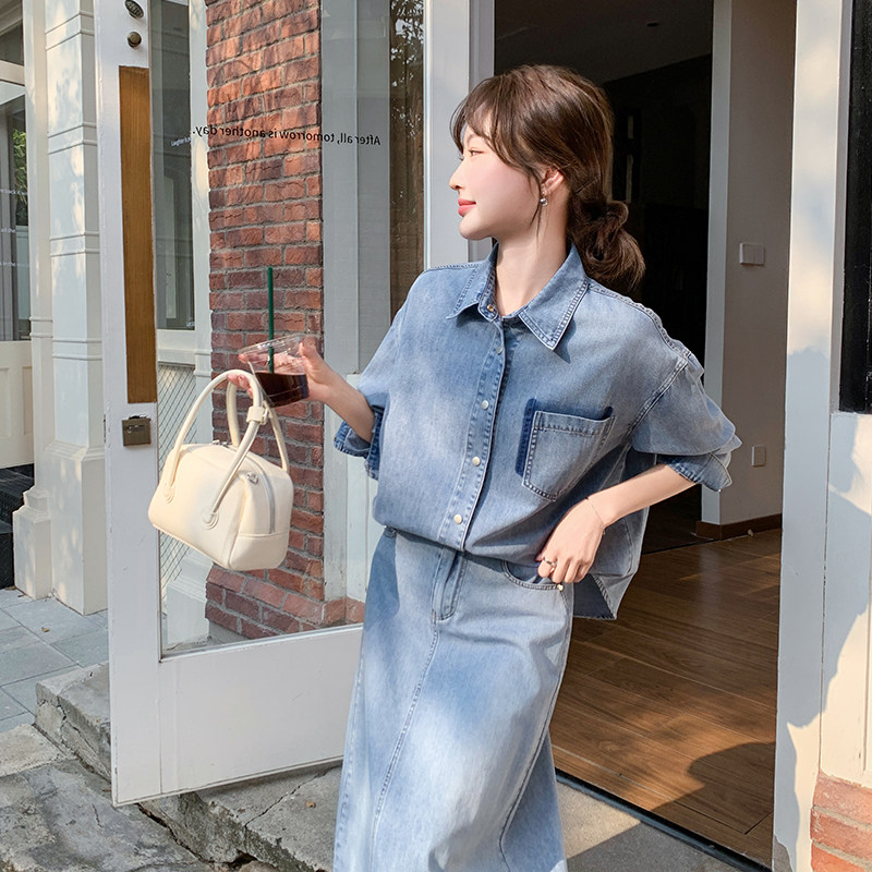 现货时尚牛仔套装女2025新款半裙减龄两件套A518P170K258,女装套装/套裙,2C268