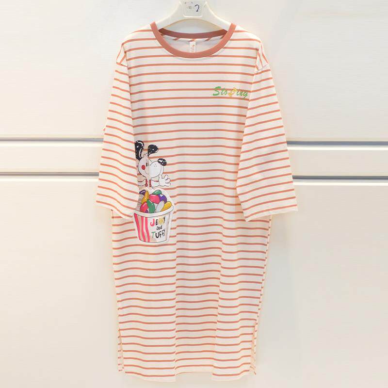 品牌睡衣2026秋季纯棉针织条纹卡通可爱少女长袖女时尚睡裙家居服