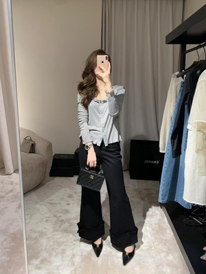 【现货】Ease2025新款韩版宽松柔软木耳边上衣打底衫长袖T恤女