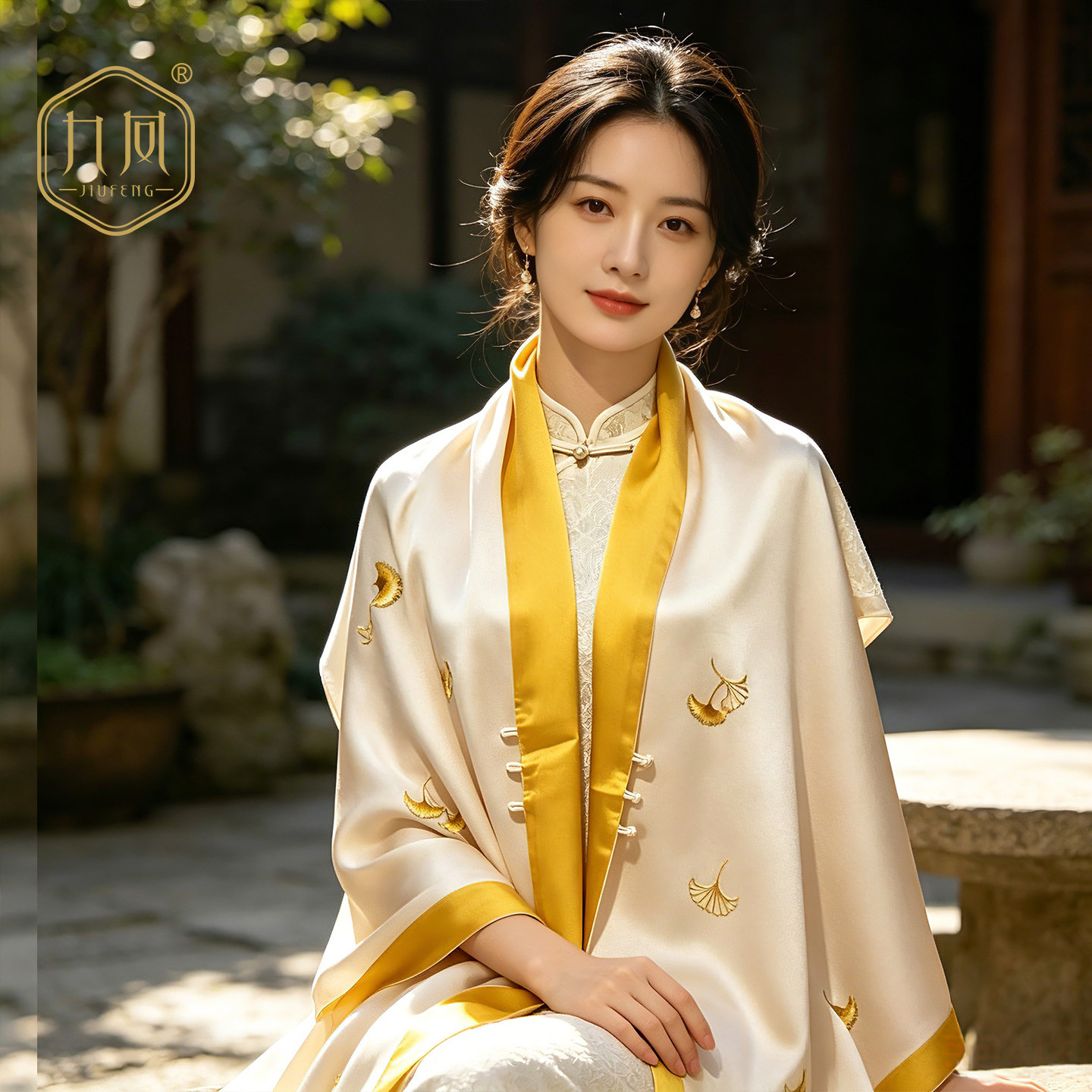 九凤汉绣银杏牡丹真丝披肩武汉特色非遗伴手礼送妈妈长辈旗袍外搭