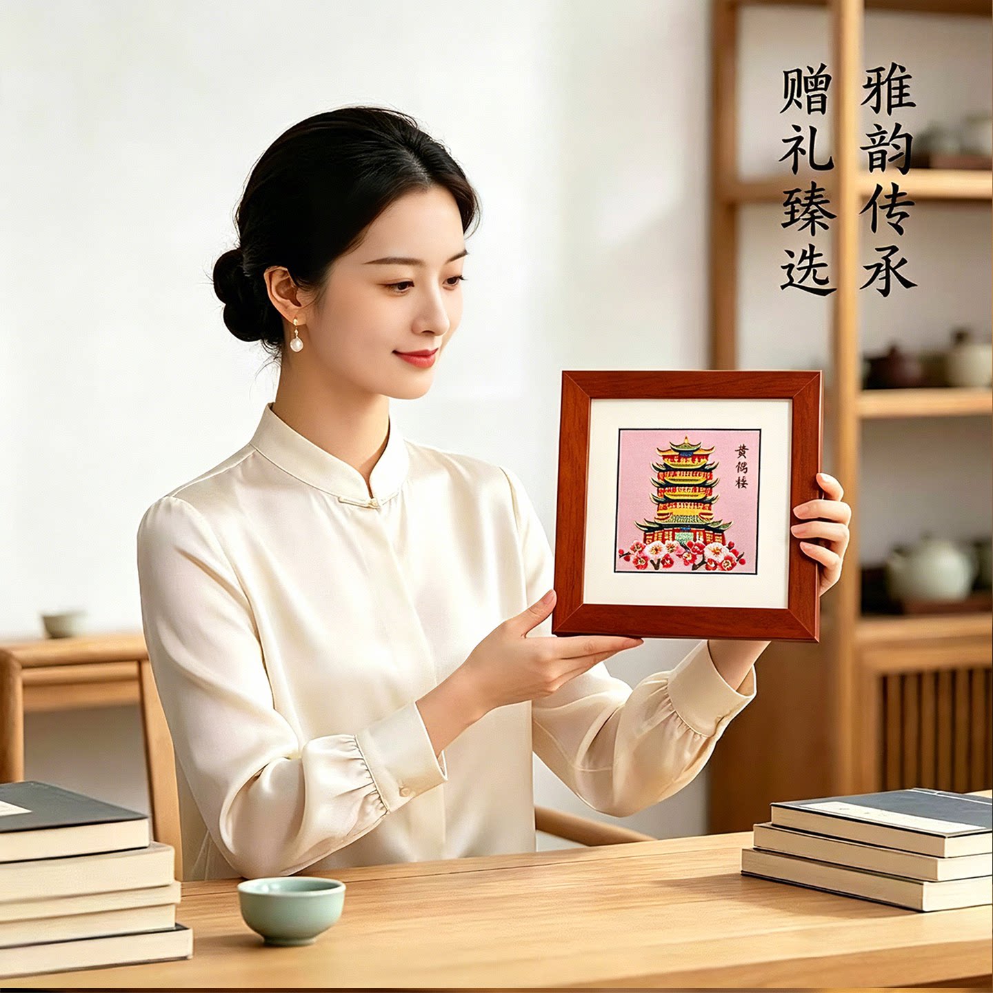湖北武汉特色礼品汉绣镜框画黄鹤楼手工刺绣商务会议中国风送老外