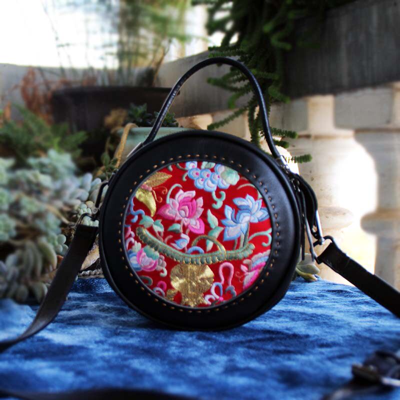 民族风精品老绣包手工刺绣小圆包复古头层牛皮手提斜挎国风女包