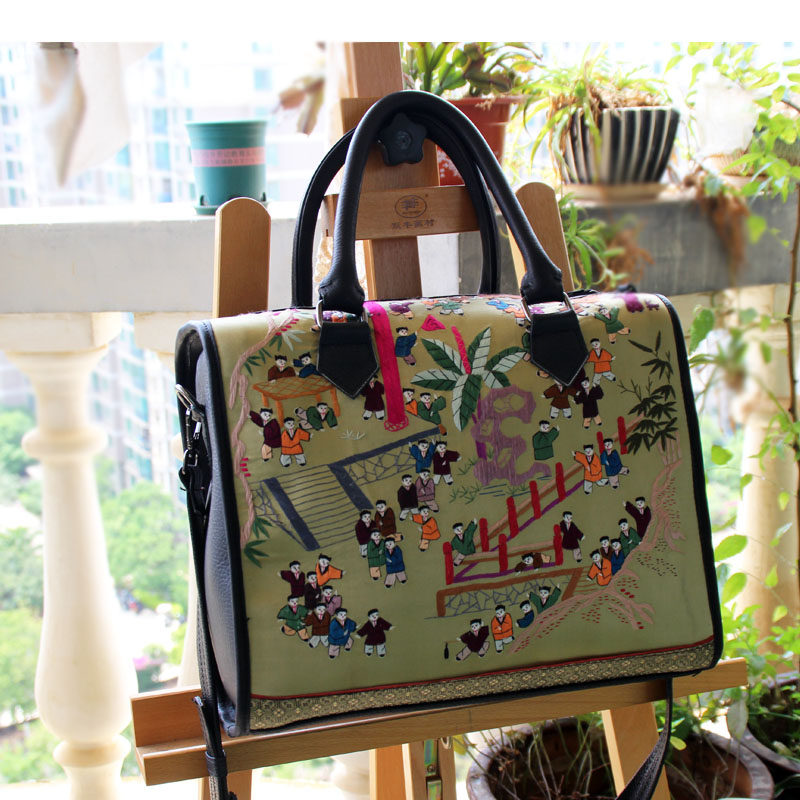 民族风手工刺绣手提单肩斜挎女包复古国风百子图新中式头层牛皮包