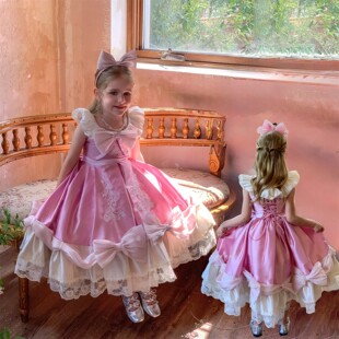 女童粉色珍藏款辛德瑞拉刺绣公主裙灰姑娘生日礼服裙高定款连衣裙