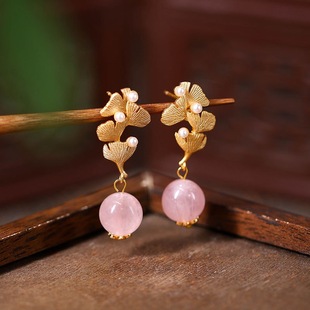 中国风繁花似锦天然粉水晶耳钉耳环女小众设计马面裙汉服旗袍耳饰
