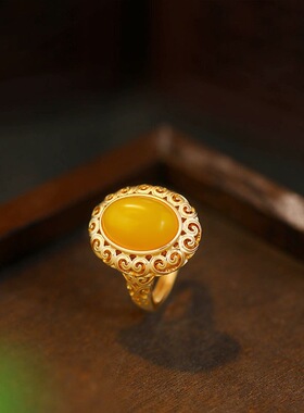 新中式古法镀金仿蜜蜡复古戒指