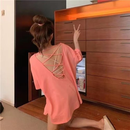 特大码2-300斤交叉露背设计感T恤女胖mm200斤韩版性感显瘦上衣潮