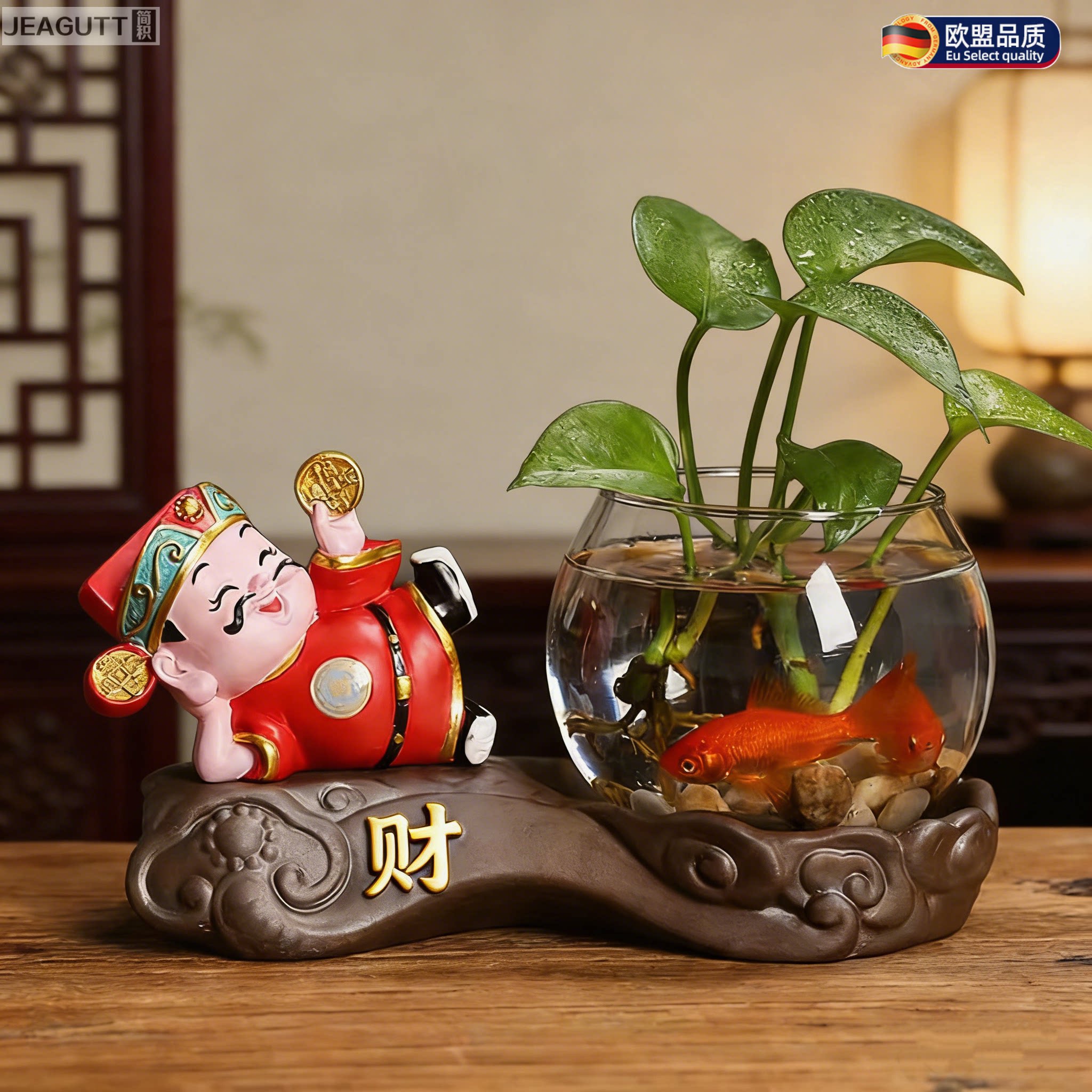 创意水培财神黄金葛花瓶摆件