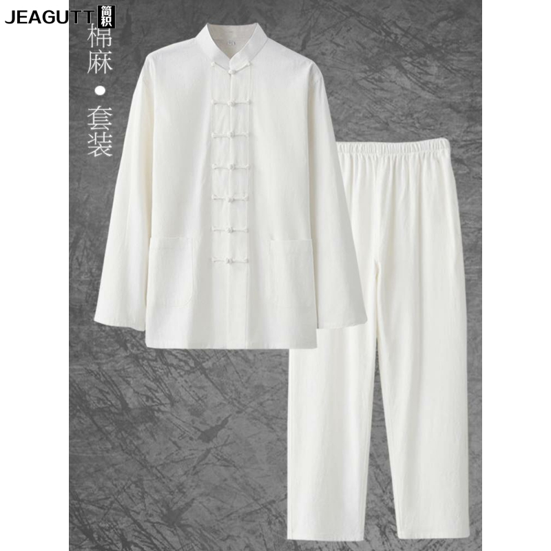 新款棉麻中老年爸爸唐装男长袖国风中山套装爷爷中式太极居士汉服