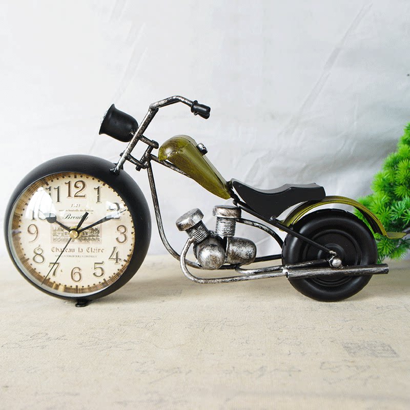 金属手工铁艺大头钟摩托车时钟模型家居客厅书房儿童房装饰品摆件