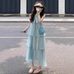 蓝色海边连衣裙长裙女装 背心裙连衣裙裙子 夏季 气质宽松吊带裙无袖