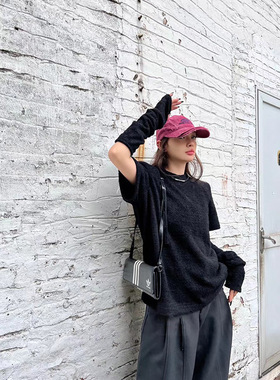 杨黑黑设计感 配袖套短袖毛衣T 秋季新款宽松圆领纯色针织上衣女