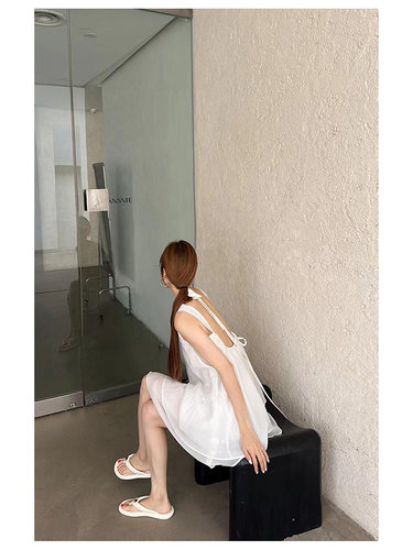 棉麻露背连衣裙纯色背心裙