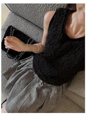 杨黑黑韩版定制波浪泡泡纹理圆领背心女夏宽松无袖工字形短上衣女