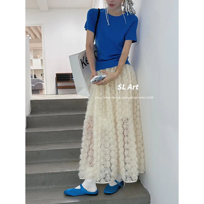 立体网纱玫瑰花半身裙仙女花半裙