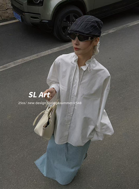 【杨黑黑】韩版立体花瓣领条纹衬衣女 25春新款 领口系带衬衫上衣