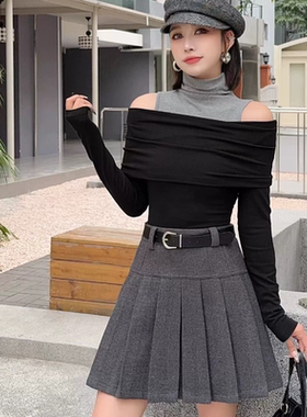 靓依秀色25823 时尚百搭腰带高腰防走光A字毛呢百褶裙短裙冬2025