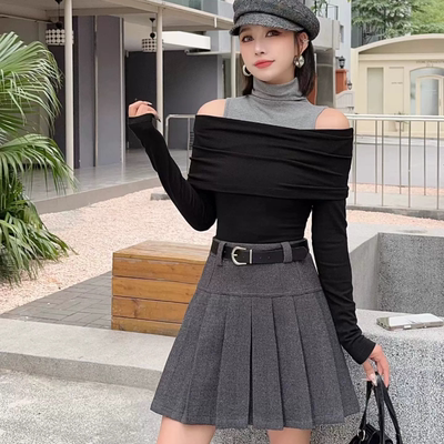 靓依秀色25823 时尚百搭腰带高腰防走光A字毛呢百褶裙短裙冬2025