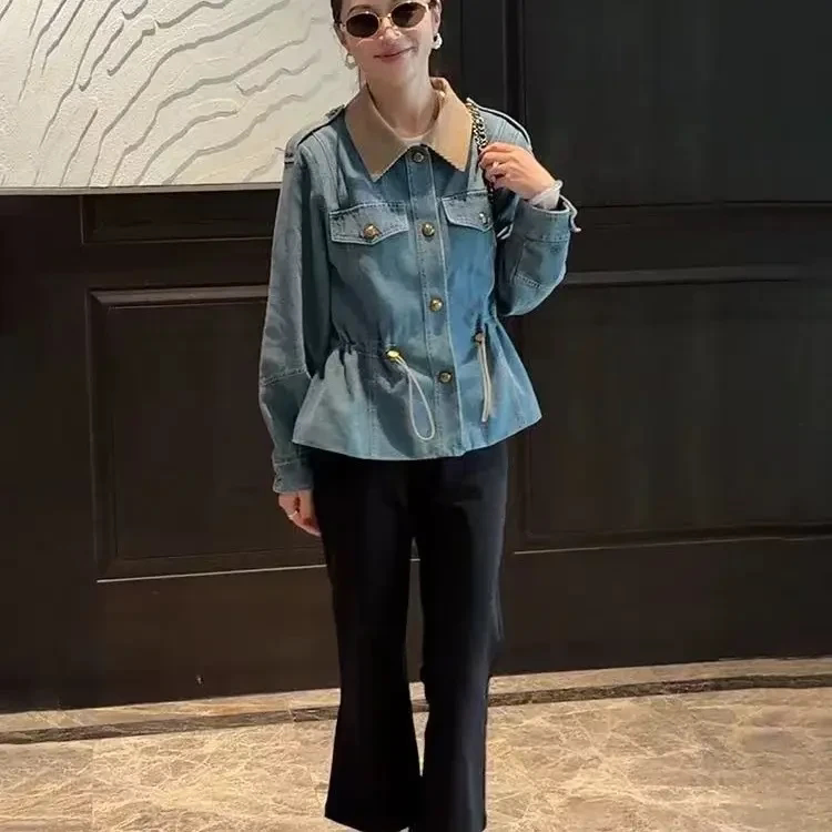 秋季新款翻领抽绳收腰显瘦牛仔夹
