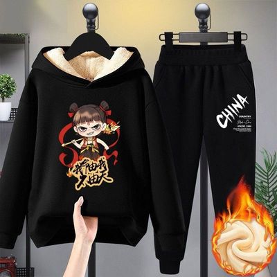 百搭外穿帅气男童2025洋气新款秋冬带帽保暖加绒卫衣防寒卫裤套装