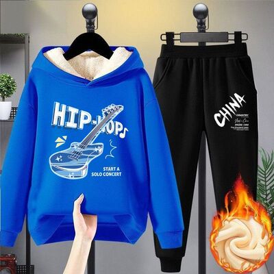 男童时尚保暖加绒加厚带帽卫衣套装2025秋冬洋气外穿加绒卫裤套装