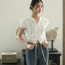 Muir 法式压褶短袖衬衣女夏设计感小众抽绳收腰白色短款衬衫上衣